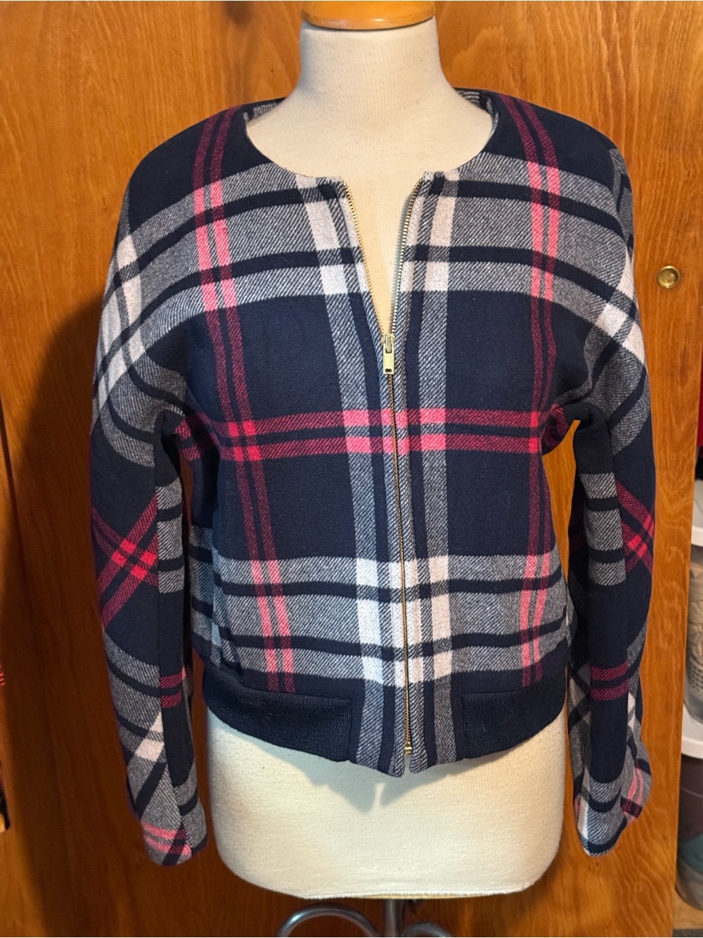 J. Crew Navy Plaid Bomber Jacket with Pink and White Stripes